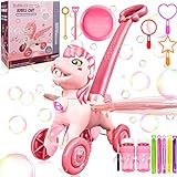 Pink Bubble Machine Blower Maker Lawn Mower Walking Toy Christmas Basket Stuffers Outdoor Summer Girls Kids Toddler 1st Birthday Best Gift for 1 2 3 Year Old Unique Cute Valentines Day Unicorn Gifts