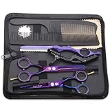 5.5 inch Purple Hair Cutting Scissors Set with Razor, Leather Scissors Case, Barber Hair Cutting Shears Hair Thinning/Texturizing Shears for Professional Hairdresser or Home Use (Purple)