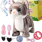 Gray Leash Walking Cat Set Singing That Purrs and Meows Animated Plush Robot Kitten Moving Plush Realistic Stuffed Animal Remote Control Cute Kawai Robotic Kitty Toy for Kid Girl Gift
