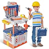 BELLOCHIDDO Kids Tool Bench - 90 Pcs Realistic Toy Workbench with Accessories, 4 in 1 Transformable Workbench with Electric Drill - Pretend Play Kids Tool Set for Boys & Girls