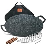 FRESHY CHEF Korean Grill Pan - 15 Inch Non-Stick Aluminum Korean BBQ Grill Pan with 2 Wooden Holders, Rack, and Storage Bag - Lightweight Aluminum Griddle Pan for Stove Top, Induction, Camp Fire