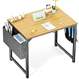 OLIXIS Small Computer Desk, Home Office Work Study Writing Student Kids Bedroom Wood Modern Simple Table with Storage Bag & Headphone Hooks
