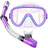 Seovediary Kids Snorkel Set, Dry Top Snorkel Mask for Children Anti-Fog Panoramic View Diving Mask Snorkeling Gear for Kids with Carry Bag for Youth Boys Girls