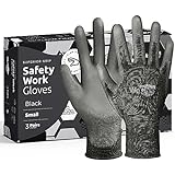 Black Medium Working Gloves with PU Coating - 3 Pairs of Safety Work Gloves - Good for Construction, Roofing, Landscaping, Warehouse, Carpenter, Electric Work