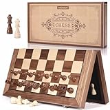 AMEROUS 15 Inches Magnetic Wooden Chess Set with 2 Extra Queens/Folding Board/Chess Pieces Storage Slots/Instructions, Portable Travel Chess Game for Beginner/Classic Board Game