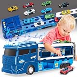 hahaland 2 Year Old Boy Birthday Gift - 2 in 1 Car Carrier Transforms into Race Tracks with Dual Launcher Toys for Ages 2-4 - 3 Year Old Boy Toys