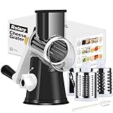 Rotary Cheese Grater Cheese Shredder - Cambom Kitchen Manual Cheese Grater with Handle Vegetable Slicer Nuts Grinder 3 Replaceable Drum Blades and Strong Suction Base Free Cleaning Brush