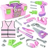 Kids Tool Set, Pink Toy Tool Set for Girls with Electric Drill, Hammer, Planer, Working Vest, Accessories and Storage Box, Construction Pretend STEM Toy Tool Kit for Toddlers Age 3 Years and Up