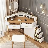 Bituman Modern Corner Makeup Vanity Table Set, LED Dressing Table with 5 Storage Drawers Makeup Desk with Cushioned Stool Bedroom Vanity Desk, for Women, Girls, Small Spaces