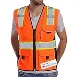 Dib Safety Vest Reflective Orange Mesh, High Visibility Vest with Pockets and Zipper, Heavy Duty Vest Made with 3M Reflective Tape L