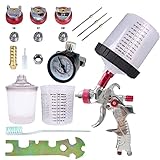 AKISEKTR HVLP Spray Gun Set, Newest Automotive Spray Paint Gun with Pressure Gauge, 3 Nozzles 1.4/1.7/2mm Nozzle and 600cc Cups, Clear Spray Cup with Scale for Car Primer, Furniture Surface Spraying