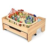 Costzon Train Table with 100 Multicolor Pieces, Wooden Kids Activity Table with Large Rolling Storage Drawer, Tracks, Cars, DIY Design, Train Set Table for Toddlers 3+, Gift for Boys Girls