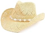 Pro Celia Men Women Cowgirl Straw Western Cowboy Hat (Bead-Beige)
