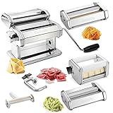 Pasta Maker Deluxe Set 5 pc Steel Machine w Spaghetti Fettuccini Roller Angel Hair Ravioli Noodle Lasagnette Cutter Attachments, Hand Crank & Clamp- Premium Quality for Holiday Italian Dinner Cooking