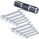 10-Piece Complete Metric and SAE Flare Nut Wrench Set with Pouch | Metric 9mm - 21mm, Inch 1/4” - 7/8” | Cr-V Steel, 6-Point Double-End Design, Perfect Line Wrench for Fuel, Brake and Air Conditioning
