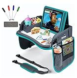 Kids Travel Tray with Dry Erase Board, Car Seat Tray for Food & Play Activity, Carseat Table Trays for Toddler, Kid Activity Desk for Air Travel, No-Drop Tablet Holder & Borders (Grey with Blue Frame)