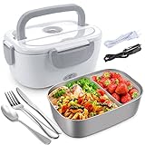 Electric Lunch Box for Car and Home, Work Office - 12V-24V/110V 60W Portable Food Warmer Heater Lunch Box for Men & Adults With 304 Food-Grade Stainless Steel Container 1.5L, SS Fork & Spoon - Grey