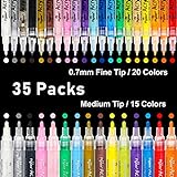 35 Premium Acrylic Paint Marker Pens, Double Pack of Both Extra Fine and Medium Tip, for Rock Painting, Mug, Ceramic, Glass, Wood, Fabric Painting, Canvas,Metal,Water Based Quick Dry Non Toxic No Odor