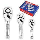 WORKPRO 3-Piece Stubby Ratchet Set, Quick Release Reversible, 1/4', 3/8', 1/2' Drive Mini Ratchet Handle, Small Ratchet Set, Chrome Alloy Made, CR-MO Head, 72-Tooth, Full Polished