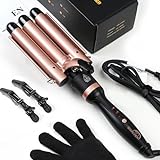 Sixriver 3 Barrel Curling Iron Wand, Fast Heating Hair Crimper Hair Waver, Triple Barrel Hair Iron with 2-LED Temp Control Auto Shut-Off, Wave Iron for Beachy Waves Mermaid Waver, Glove & 2 Clips