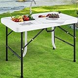 YITAHOME Fish Cleaning Table with Deep Sinks & Faucet, 40' Portable Fish Cleaning Table w/Water Hose Hookup, Folding Camping Sink Table Ideal for Picnic Fishing, White