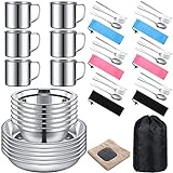 Lallisa 44 Pcs Outdoor Camping Cookware Mess Kit Polished Stainless Steel Dishes Camping Utensils Portable Tableware with Plates Cups Spoons Forks Knives Mesh Bag for Backpacking Hiking, 6 Person Set