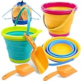 JOYIN 3 Packs Foldable Pail Bucket with Shovels & Mesh Bag, Collapsible Buckets Multi Purpose for Beach, Camping Gear, Beach Party, Fishing, and Fun Summer Activities (Yellow/Blue/Green)