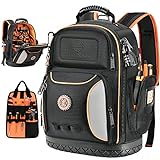 Tool Bag Backpack, 75 Pockets & Loops Heavy Duty Tools Organizer Bags/HVAC Tool Carrier for Eelectrician/Construction Work with Molded Base and Combination Lock, Large, Black and Orange