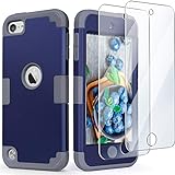 iPod Touch Case with 2 Screen Protectors, IDweel 3 in 1 Hard PC Case + Silicone Shockproof for Kids Heavy Duty Hard Case Cover for 2019 iPod Touch 7th/6th/5th Generation, Navy Blue + Gray