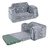 MeMoreCool Kids Couch, Fold Out Flip Out Sofa Chair with Blanket, Children Convertible Sofa to Lounger Pull Out Couch for Playroom, Foldable Toddler Couch for Girls Boys (Glowing Dino)