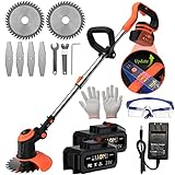 Cordless Weed Eater Battery Powered with Power Display & 3-Level Speed Variable, Electric Weed Wacker Lightweight Brush Cutter Grass Trimmer Mini-Mower with Metal Blades, 4.0Ah Battery and Charger