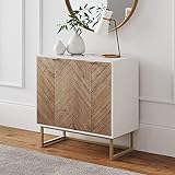 Nathan James Enloe Modern Storage, Free Standing Accent Cabinet with Doors in a Rustic Fir Wood Finish Powder-coated Metal Base for Hallway, Entryway or Living Room, White/Gold