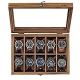 SONGMICS Watch Box, 10-Slot Watch Case, Solid Wood Watch Box Organizer with Large Glass Lid, Watch Display Case with Removable Pillows, Gift for Loved Ones, Rustic Walnut UJOW100K01