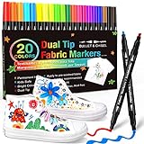 KERIFI Dual Tip Fabric Markers Permanent for Clothes, 20 Colors Fabric Decorating Paint Pens for Kids, T-Shirt Shoe Markers for Sneakers Clothing Canvas Textile Bibs Coloring Book (Chisel & Fine Tip)
