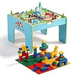SainSmart Jr. Wooden Train Activity Table, 3-in-1 Kids Playset with 116pcs Large Building Blocks, Track Set and Reversible Top for Toddlers