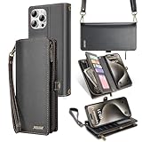 QIXIU for iPhone 15 Pro Max Wallet Case[Supports Wireless Charging]:Faux Leather Crossbody with Wristlet&Shoulder Straps,Flip Magnetic Closure,with Card Holder and Kickstand for Men Women(Black)