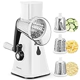 Cheese Grater, Reemix rotary cheese grater with handle, Kitchen Mandoline Vegetable Slicer with 3 Replaceable Stainless Steel Blades, for Nuts, Vegetable, Chocolate, Chesse (White)