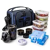 ThinkFit Insulated Lunch Box with 6 Portion Control Containers, Pill Dispenser, Shaker Cup & Ice Packs - BPA-Free, Reusable, Microwavable, Freezer Safe - Blue
