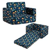 ALIMORDEN 2-in-1 Flip Out Soft Kids Couch, Convertible Sofa to Lounger for Children, Navy Blue with Dinosaurs