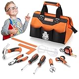 REXBETI 10-Piece Kids Tool Set with Real Hand Tools, Orange Durable Storage Bag, Children Learning Tool Kit for Home DIY and Woodworking
