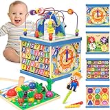 Atoylink Wooden Baby Activity Cube Montessori Toys for 1+ Year Old XLarge 8-In-1 Toddler Bead Maze Shape Sorter Fishing Game Alphabet Learning Educational Toys First Birthday Gift for 12-18 Month Boys