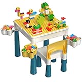 burgkidz Kids 5-in-1 Multi Activity Table Set - Building Block Table with Storage - Play Table Includes 1 Chair and 130 Pieces Compatible Large Bricks Building Blocks for Ages 2 and Up (Macaron)