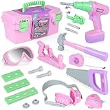 Kids Tool Set, Toddler Tool Set with Electric Toy Drill Tool Box Pretend Play Construction Toy Tools for Girls, Preschool Pink Tools Toy Gifts for Girls Toddlers Kids Aged 3+
