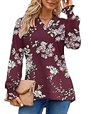 AUSELILY Women's Casual Cuff Long Sleeve Blouse V-Neck Basic Floral T-Shirt Tops（Wind Red Floral，S）