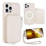 ZVE Wallet Case for iPhone 13 Pro Max 6.7 inch, Magsafe Zipper Leather RFID Blocking Cards Holder Slots Case with Magnetic Wireless Charging, Protective Cover for iPhone 13 Pro Max 6.7'(2021)-Beige