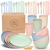 FOODLE Wheat Straw Dinnerware Sets - (28pcs) Lightweight & Unbreakable Dishes - Microwave & Dishwasher Safe - Perfect for Camping, Picnic, RV, Dorm - Plates, Cups and Bowls - Great for Kids & Adults