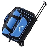 GoHimal Double Roller 2 Ball Bowling Bag with Separate Shoe Compartment for Bowling Shoes (Up To US Mens Size 15) and Oversized Accessory Pocket, Retractable Handle - Extends to 40' (Black-Blue)