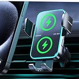 Wireless Car Charger Phone Mount: Dual Coil Joyroom LED Qi 15W Cell Phone Fast Charging Vent Holder with Auto Smart Sensor Clamping for iPhone 14 13 12 11 Pro Max, Samsung Galaxy S22 21 Note 20