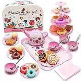 44PCS Tea Set for Little Girls, Princess Tea Time Toys Playset- Teapot Dishes Dessert & Carrying Case, Kitchen Pretend Play Tin Tea Party Set Gifts for Kids Toddlers Toy (Flower Desgin)