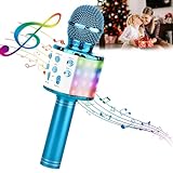 ShinePick Karaoke Microphone, 4 in 1 Wireless Microphone with LED Lights Handheld Portable Karaoke Machine, Home KTV Player, Compatible with Android & iOS Devices(Blue)
